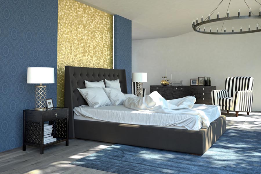 Blue Gold Theme Modern Master Bedroom Design