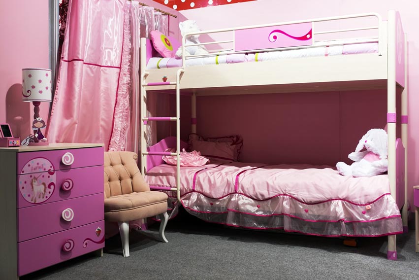 Cute Girls Bedroom with Bunk Beds in Pink