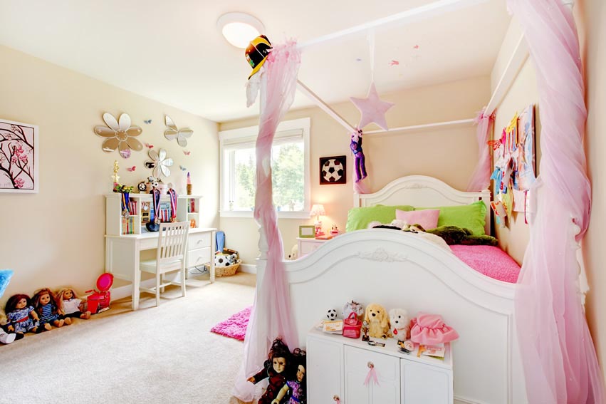 Girls Bedroom with lace Canopy Curtains