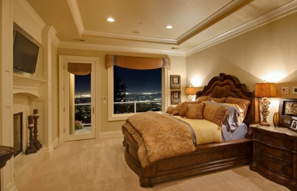 Romantic Bedroom Ideas For Couples with Tray Ceiling View of City Lights