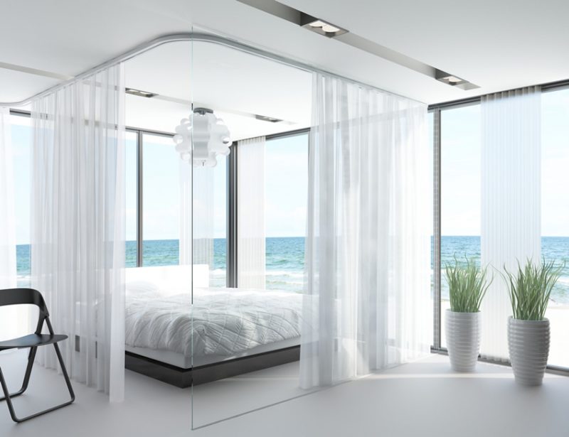 Romantic Bedroom Ideas on The Ocean with White Theme and Bed Curtains