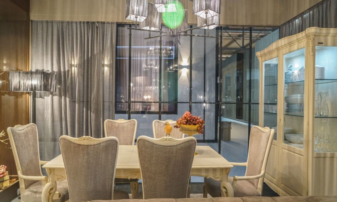 Light Grey Luxury Dining Room Design- Modern Lighting Highlights A More Current Style Dining Area