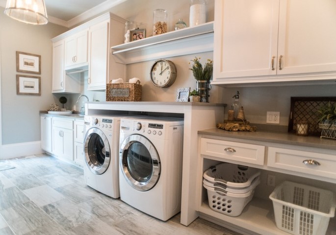 White Laundry Room Vanity Cabinet Design
