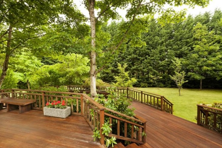 Two level decks with landscaping between