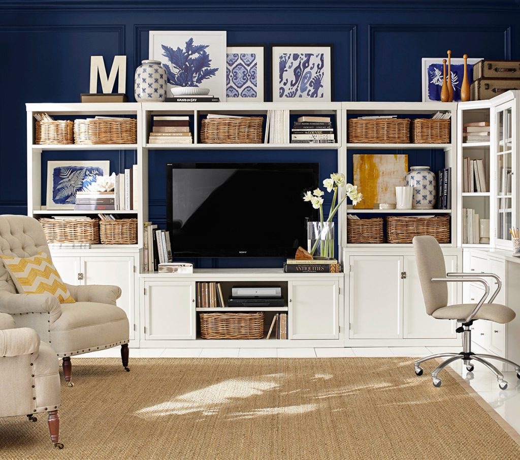 Vintage White Entertainment Center With Blue Background