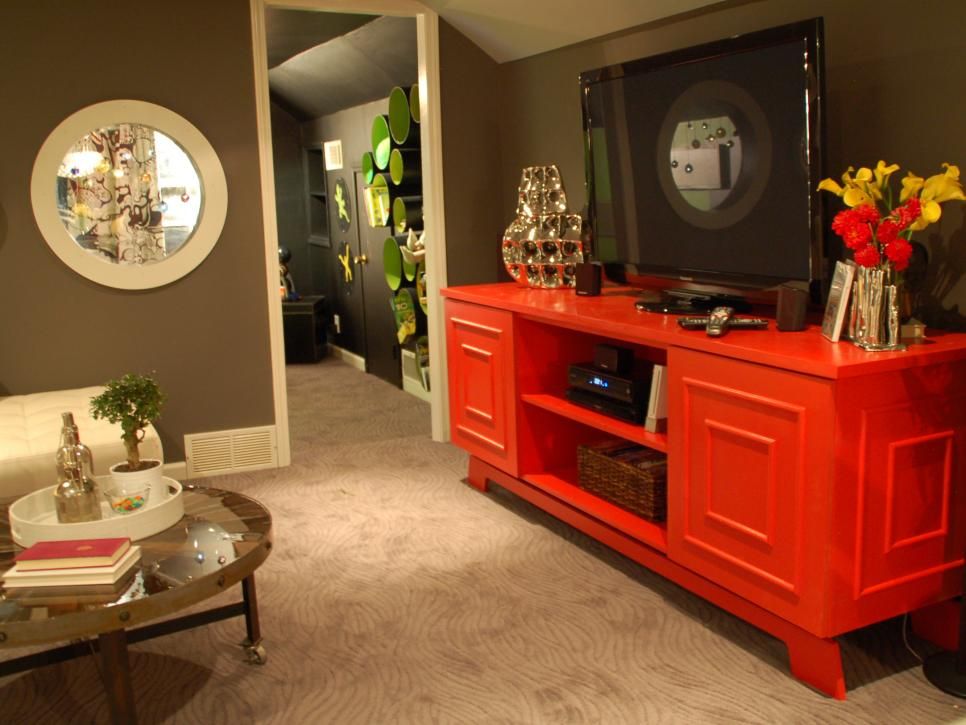 Entertainment Center with Luxurious Red Cabinet